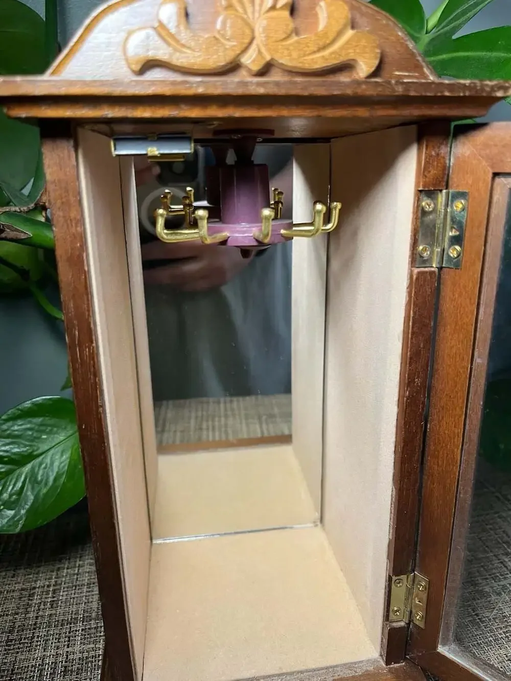 Vintage Wooden Jewelry Cabinet with Etched Glass Door